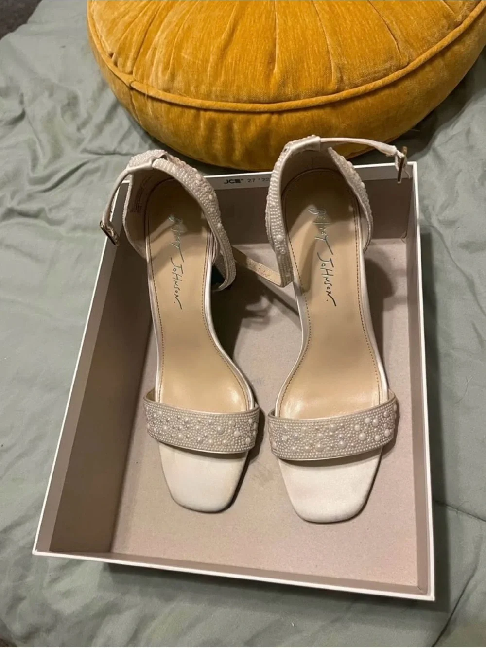 Betsey Johnson White Beaded Ankle-Strap Block Heel Sandals